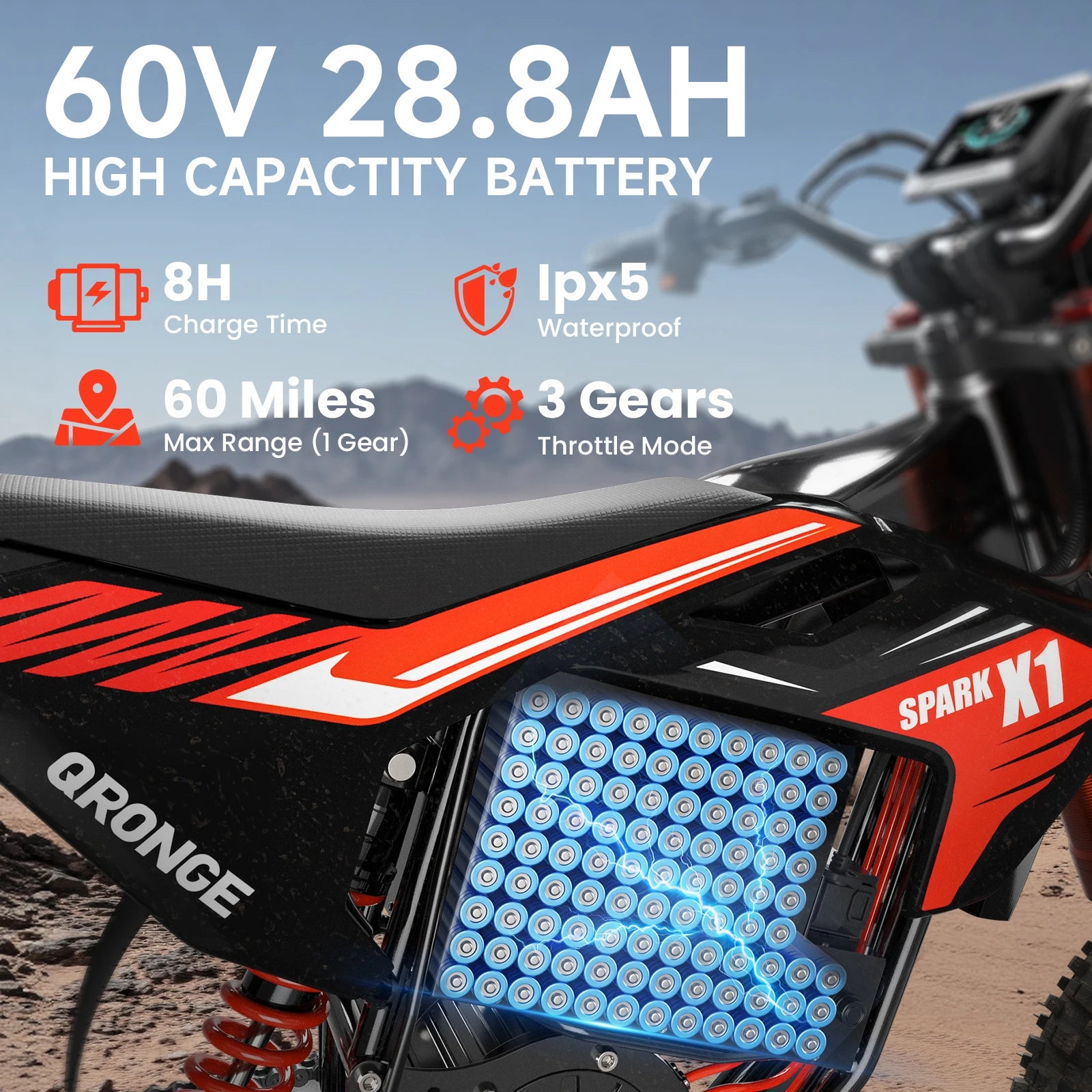 X1 Spark Electric Dirt Bike for Teens Adults 4500W Peak Electric Motorcycle 60V 28.8Ah E-Dirt Bike 60 Mile Range E-Bike