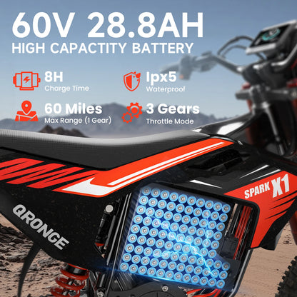 X1 Spark Electric Dirt Bike for Teens Adults 4500W Peak Electric Motorcycle 60V 28.8Ah E-Dirt Bike 60 Mile Range E-Bike