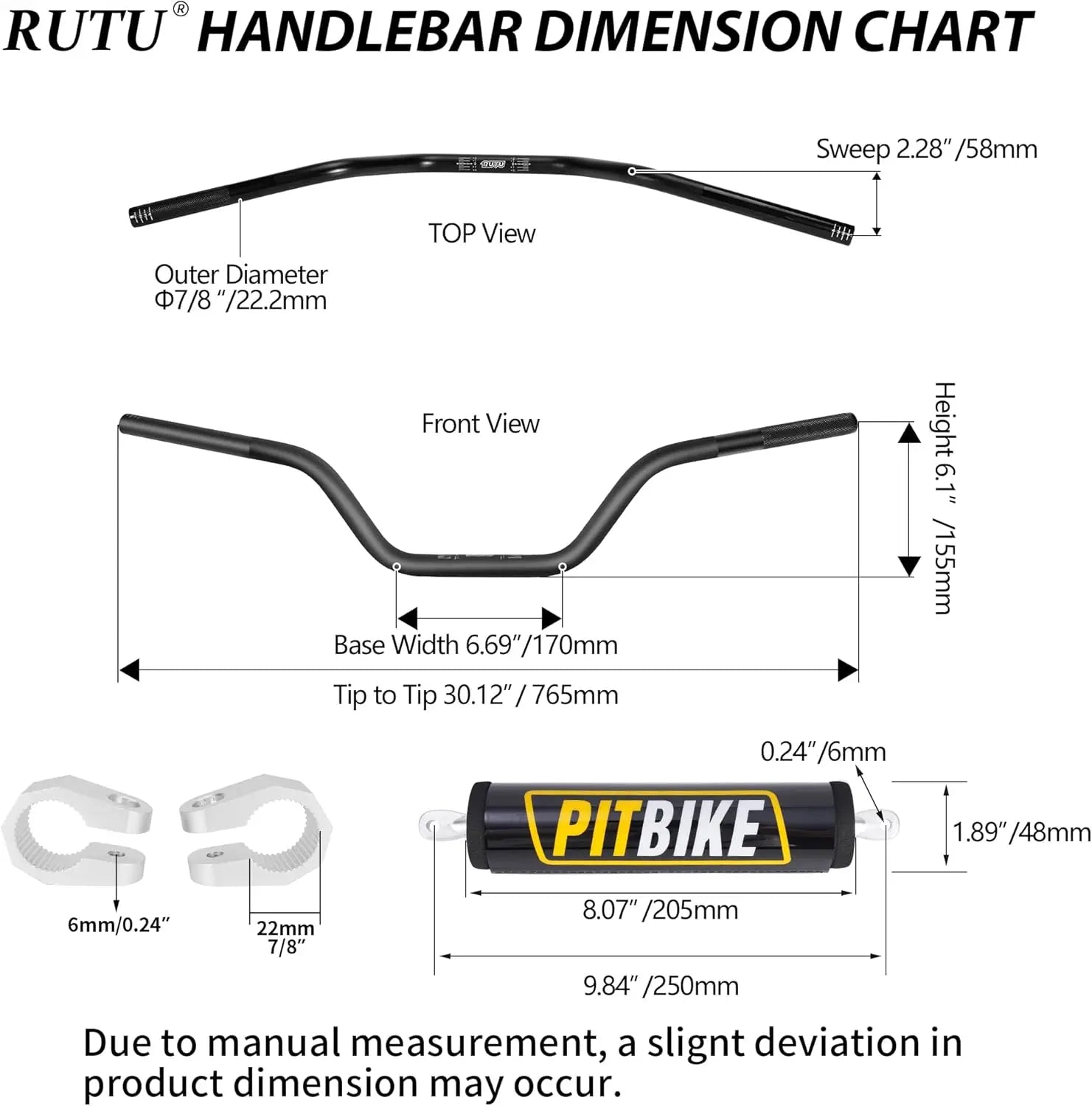 Handlebars 7/8 Inch for Motorcycle,Upgraded Universal Dirt Bike Handle Bar with Crossbar Pad Mid-Rise Mini Bike Pit Bike Handleb