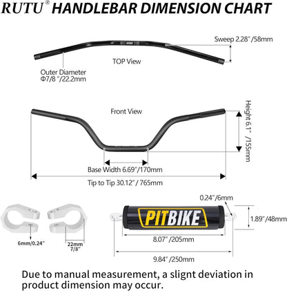 Handlebars 7/8 Inch for Motorcycle,Upgraded Universal Dirt Bike Handle Bar with Crossbar Pad Mid-Rise Mini Bike Pit Bike Handleb
