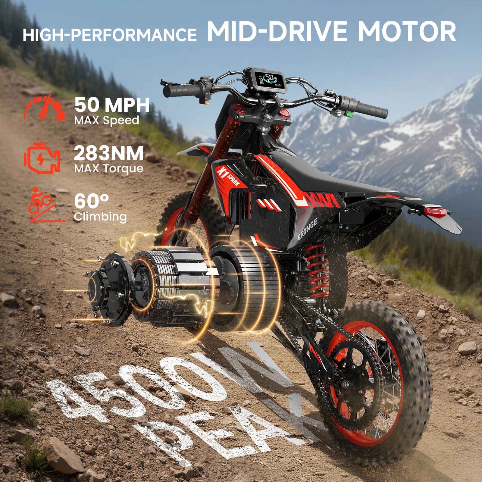 X1 Spark Electric Dirt Bike for Teens Adults 4500W Peak Electric Motorcycle 60V 28.8Ah E-Dirt Bike 60 Mile Range E-Bike
